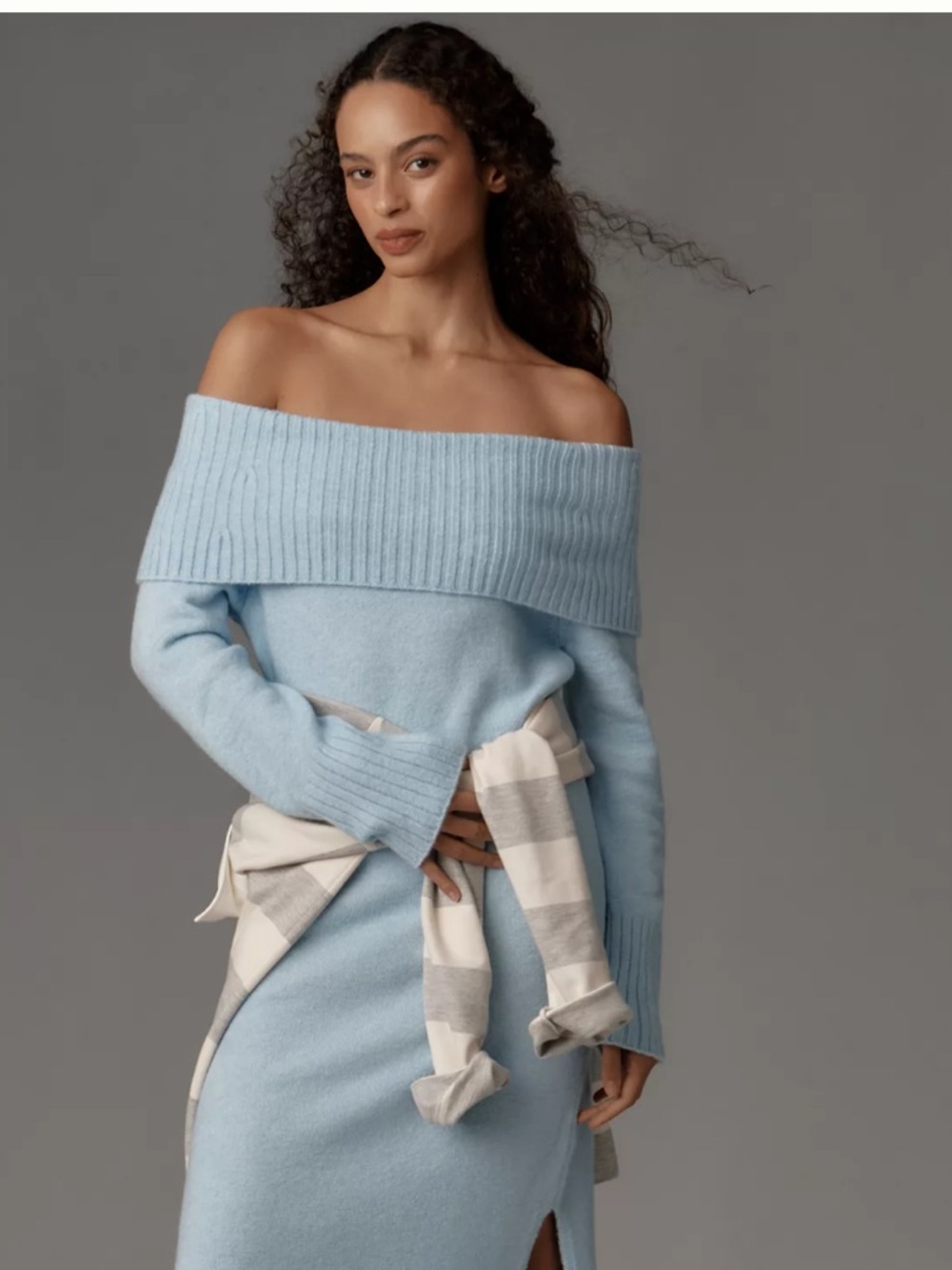 Anthropologie Light Blue Off-Shoulder Knit Sweater Dress